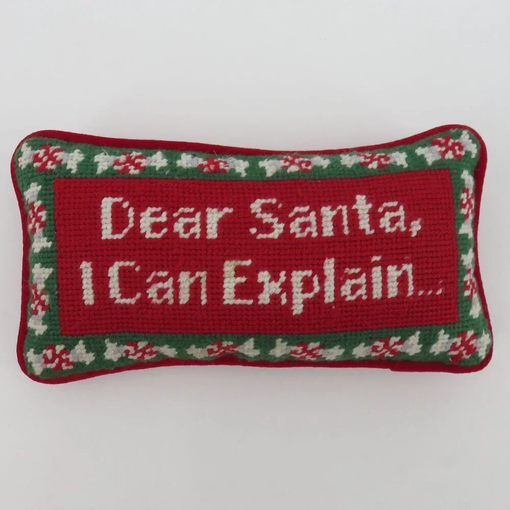 Dear Santa I Can Explain Needlepoint Red Green Peppermint Candy Christmas Pillow